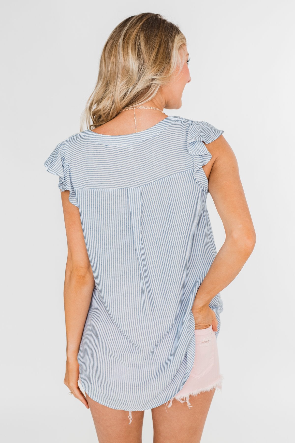 Ruffled Over You Striped Tank Top- Light Blue & Ivory