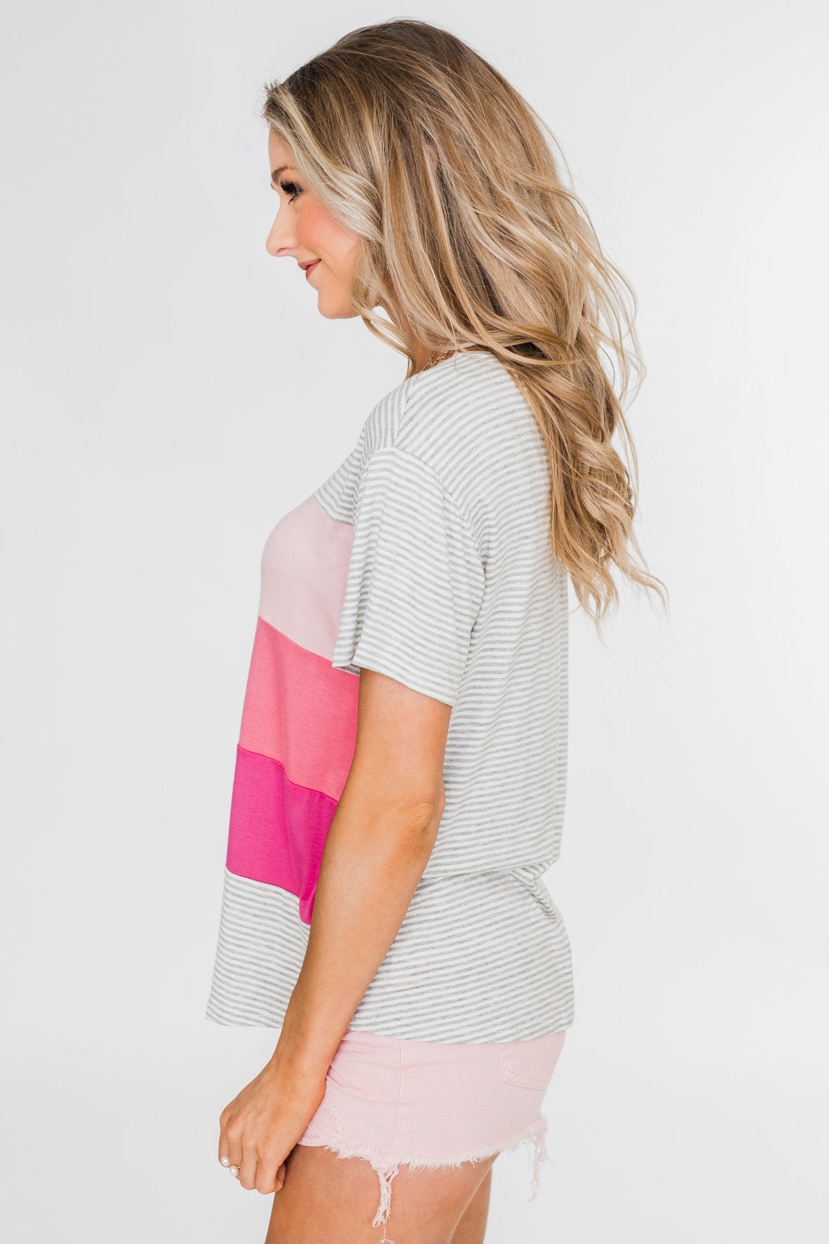 One Day At A Time Striped Color Block Top- Shades of Pink