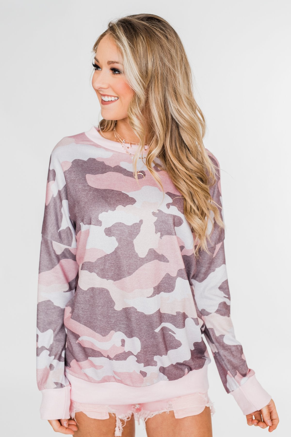 Camo Print Long Sleeve Top- Pink