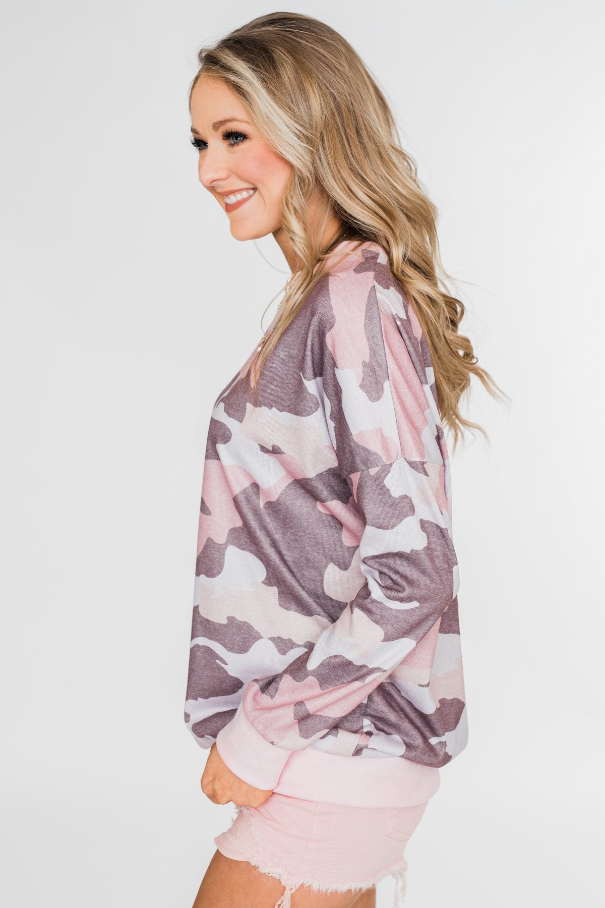 Camo Print Long Sleeve Top- Pink