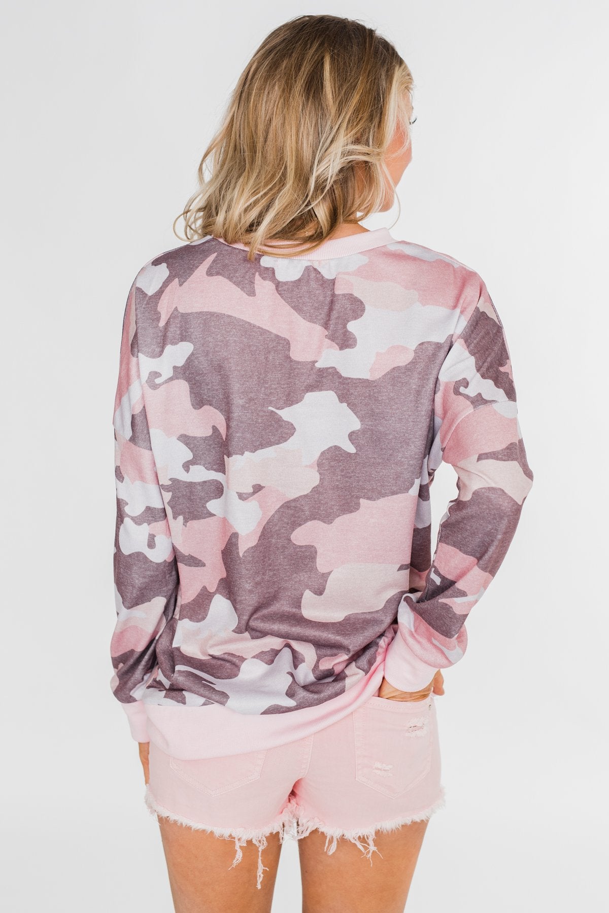 Camo Print Long Sleeve Top- Pink