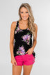 Night Blooms Floral Racerback Tank Top- Black