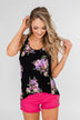 Night Blooms Floral Racerback Tank Top- Black