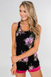 Night Blooms Floral Racerback Tank Top- Black