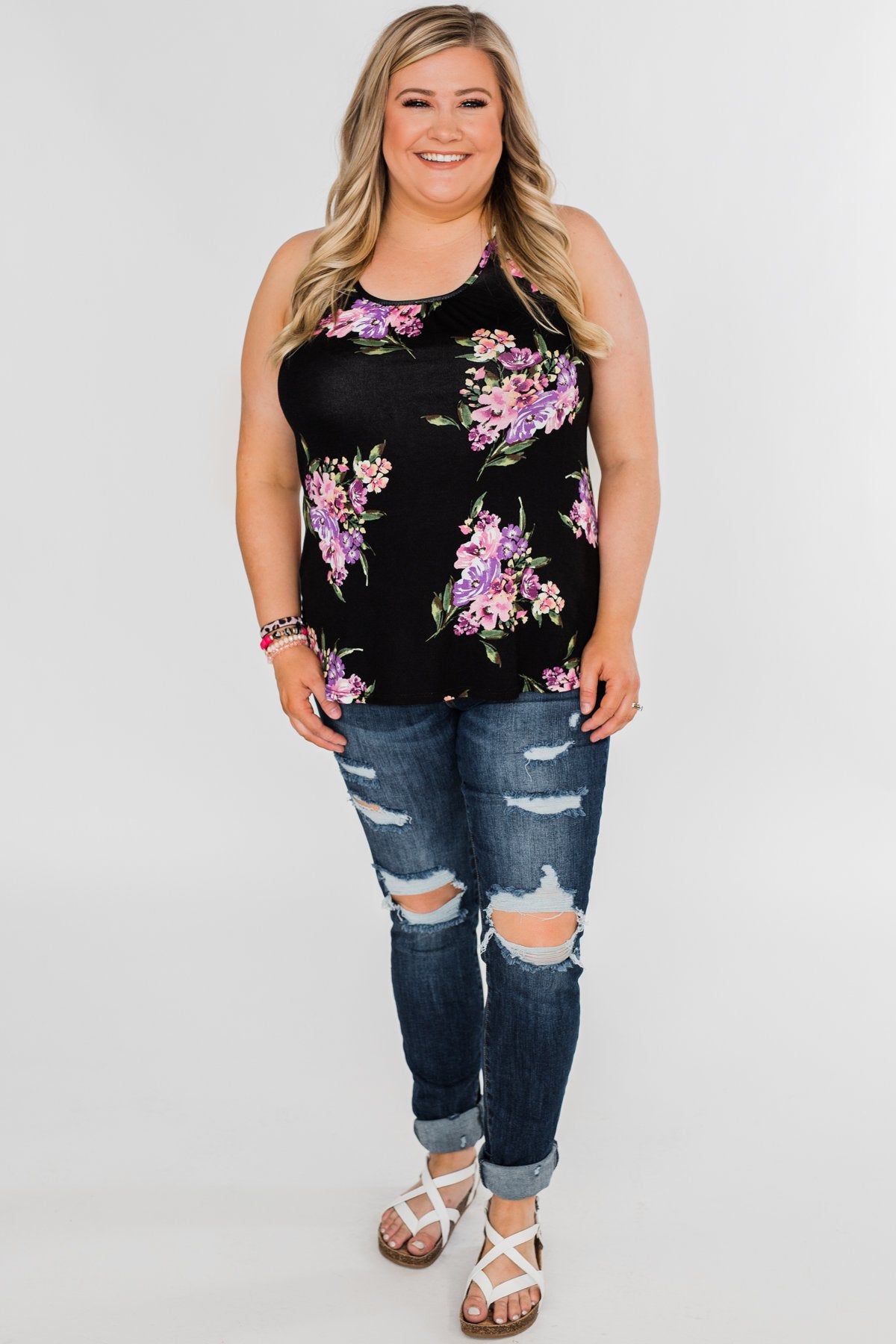 Night Blooms Floral Racerback Tank Top- Black