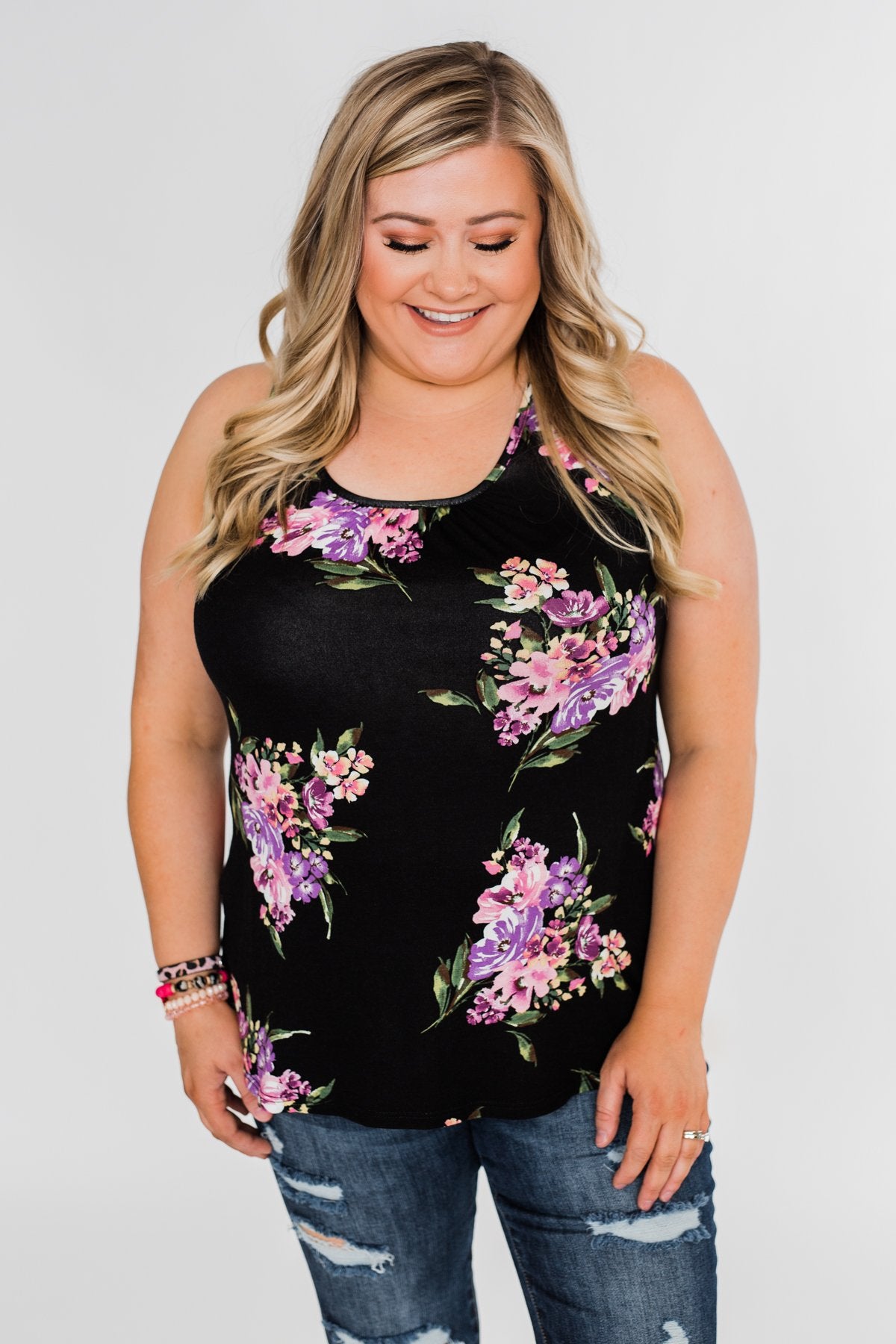 Night Blooms Floral Racerback Tank Top- Black