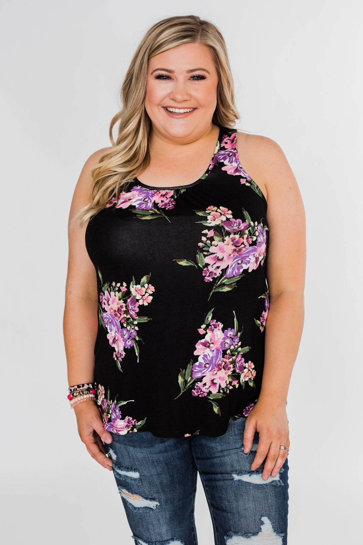 Night Blooms Floral Racerback Tank Top- Black