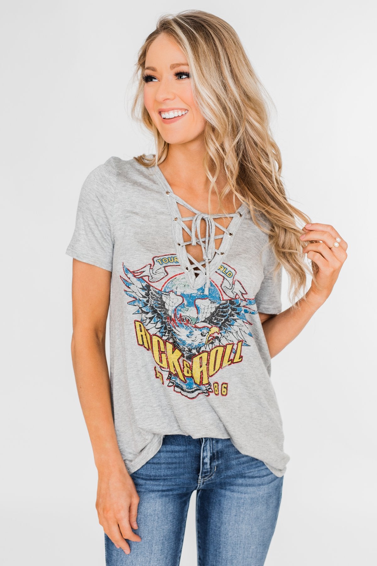 Rock & Roll Lace Up Short Sleeve Top- Grey