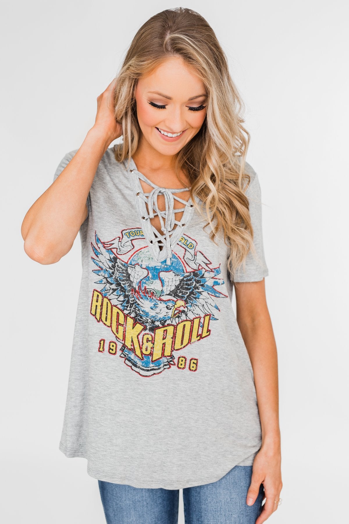 Rock & Roll Lace Up Short Sleeve Top- Grey