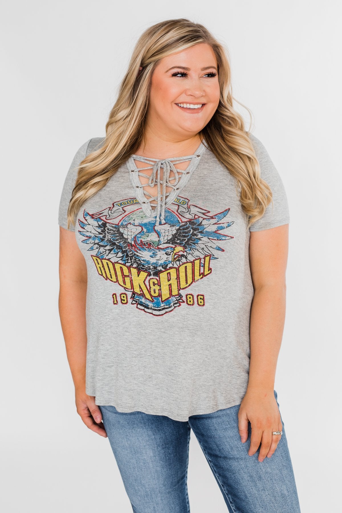 Rock & Roll Lace Up Short Sleeve Top- Grey