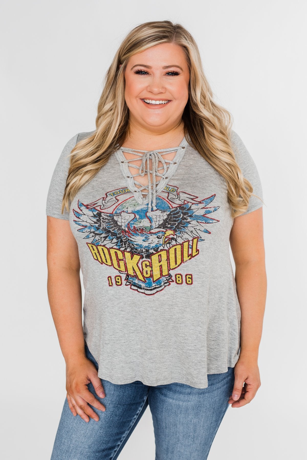 Rock & Roll Lace Up Short Sleeve Top- Grey