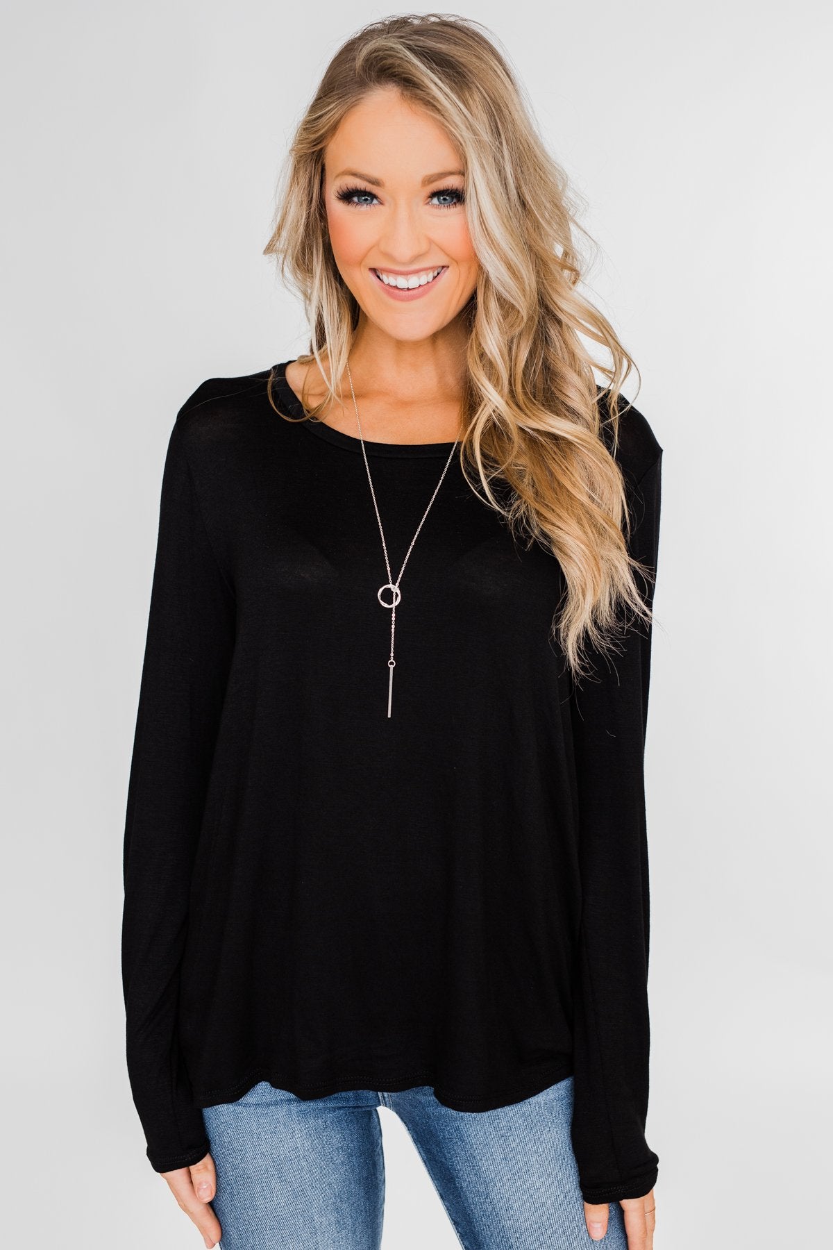 Cut Out Back Long Sleeve Top- Black