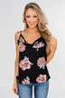 Floral Drape Neck Tank Top- Black