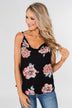 Floral Drape Neck Tank Top- Black