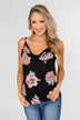 Floral Drape Neck Tank Top- Black