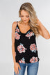 Floral Drape Neck Tank Top- Black