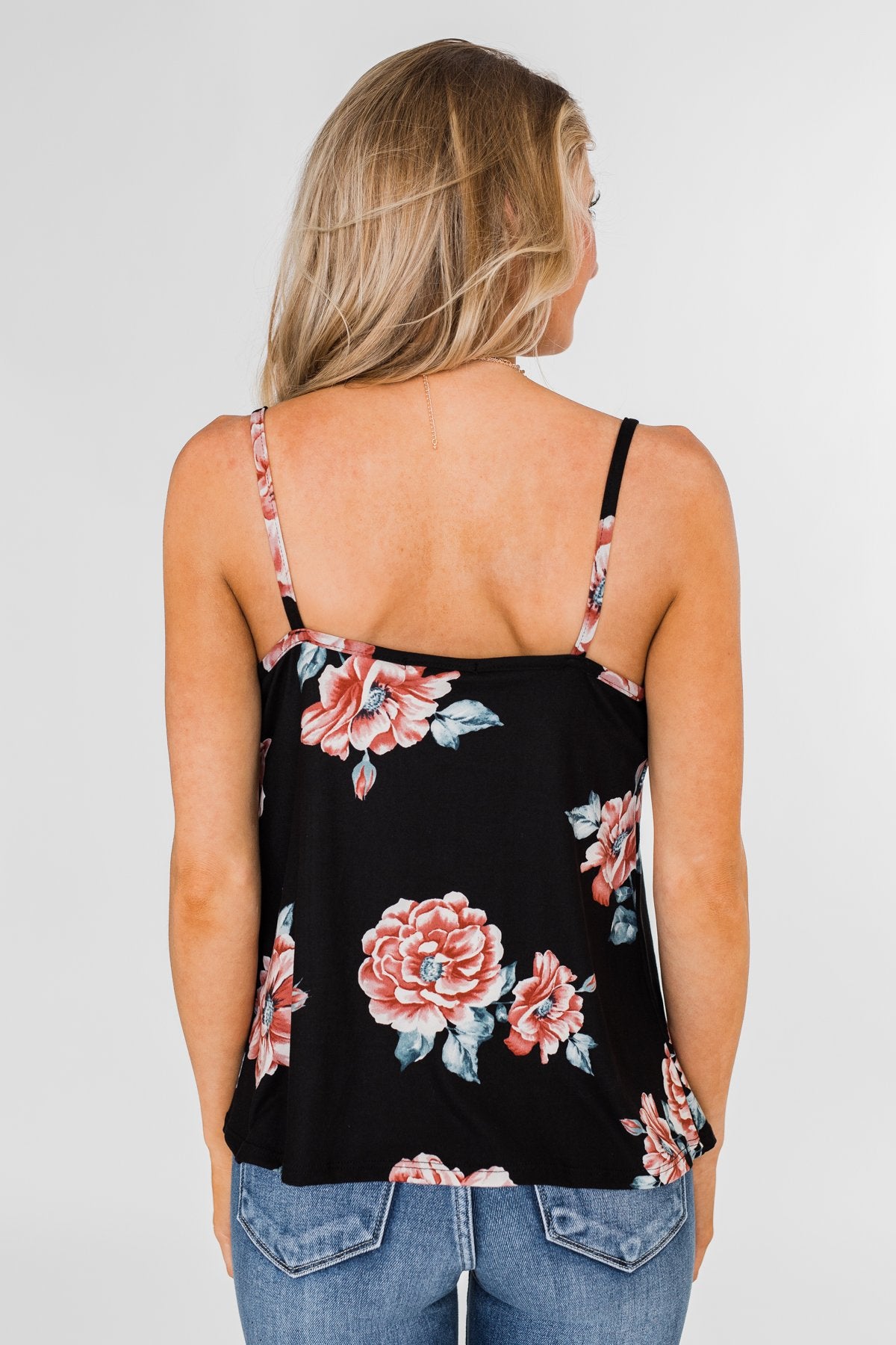 Floral Drape Neck Tank Top- Black