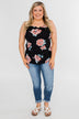 Floral Drape Neck Tank Top- Black