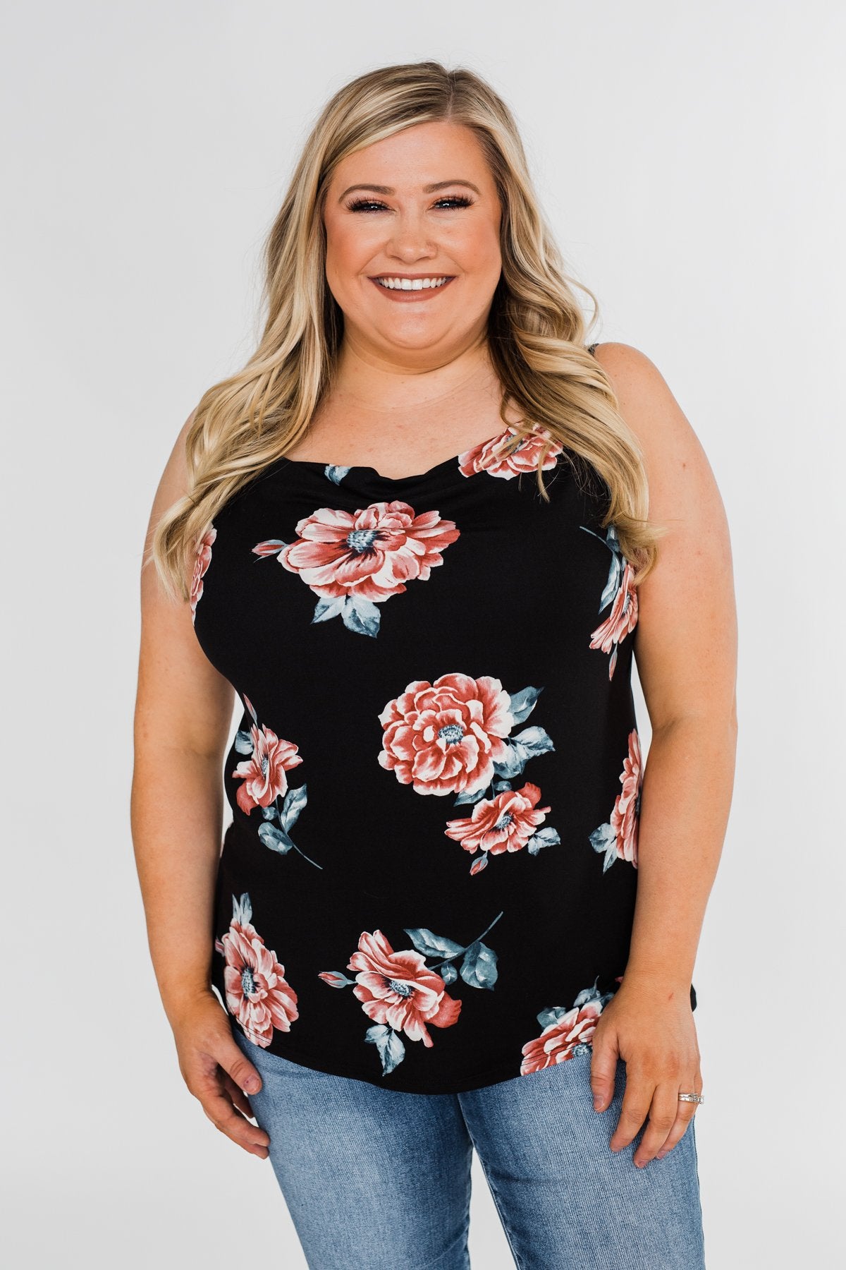 Floral Drape Neck Tank Top- Black