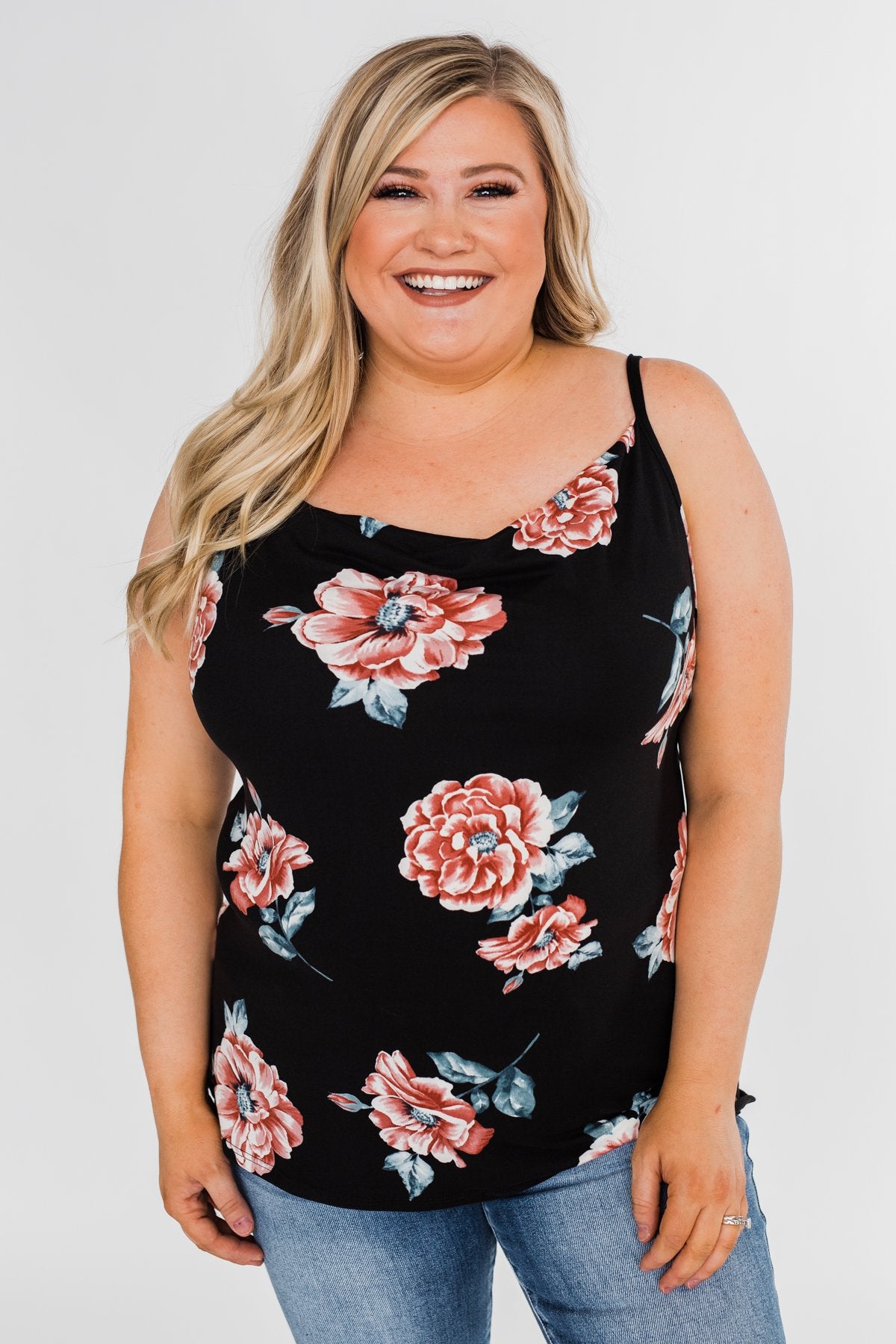 Floral Drape Neck Tank Top- Black