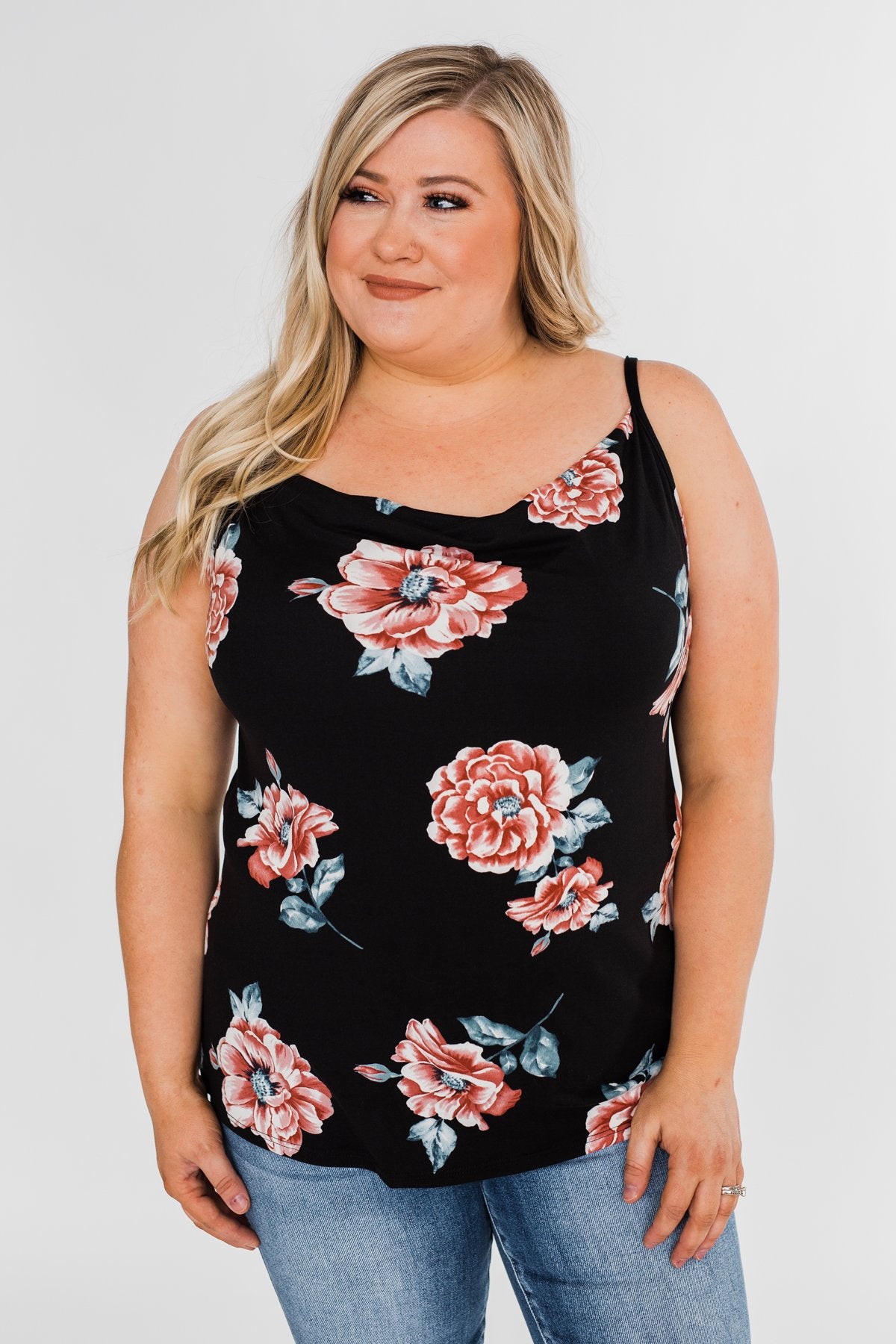 Floral Drape Neck Tank Top- Black