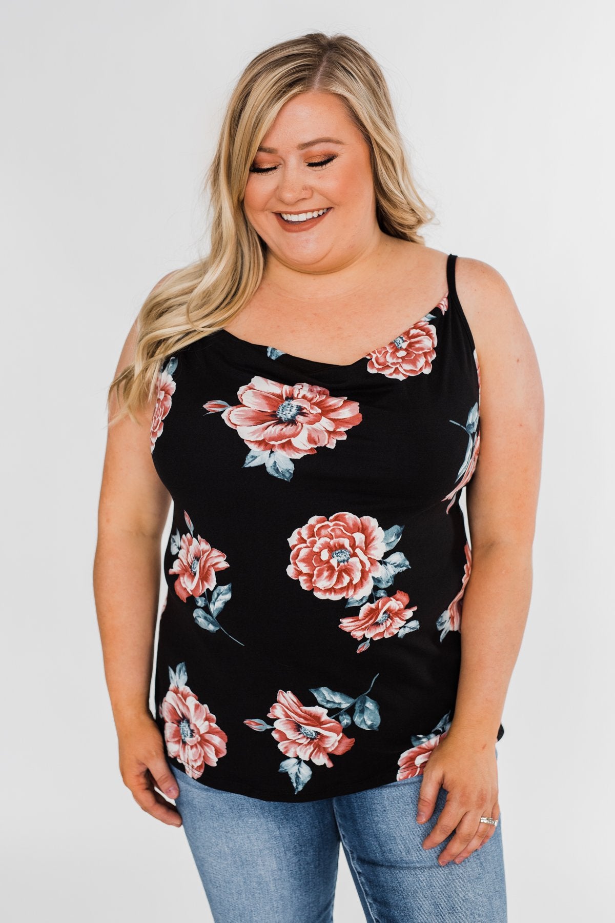 Floral Drape Neck Tank Top- Black