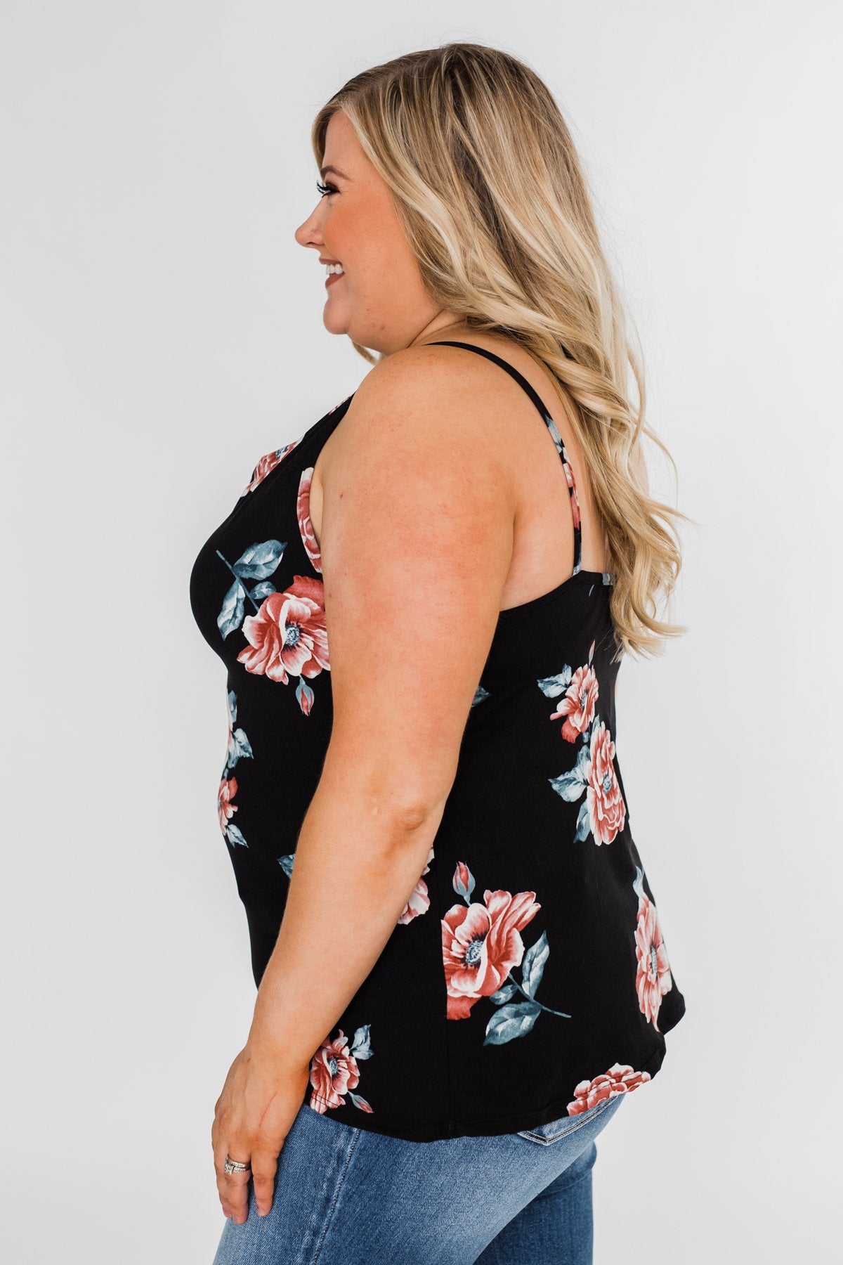 Floral Drape Neck Tank Top- Black