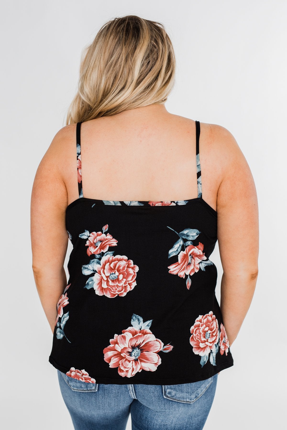 Floral Drape Neck Tank Top- Black