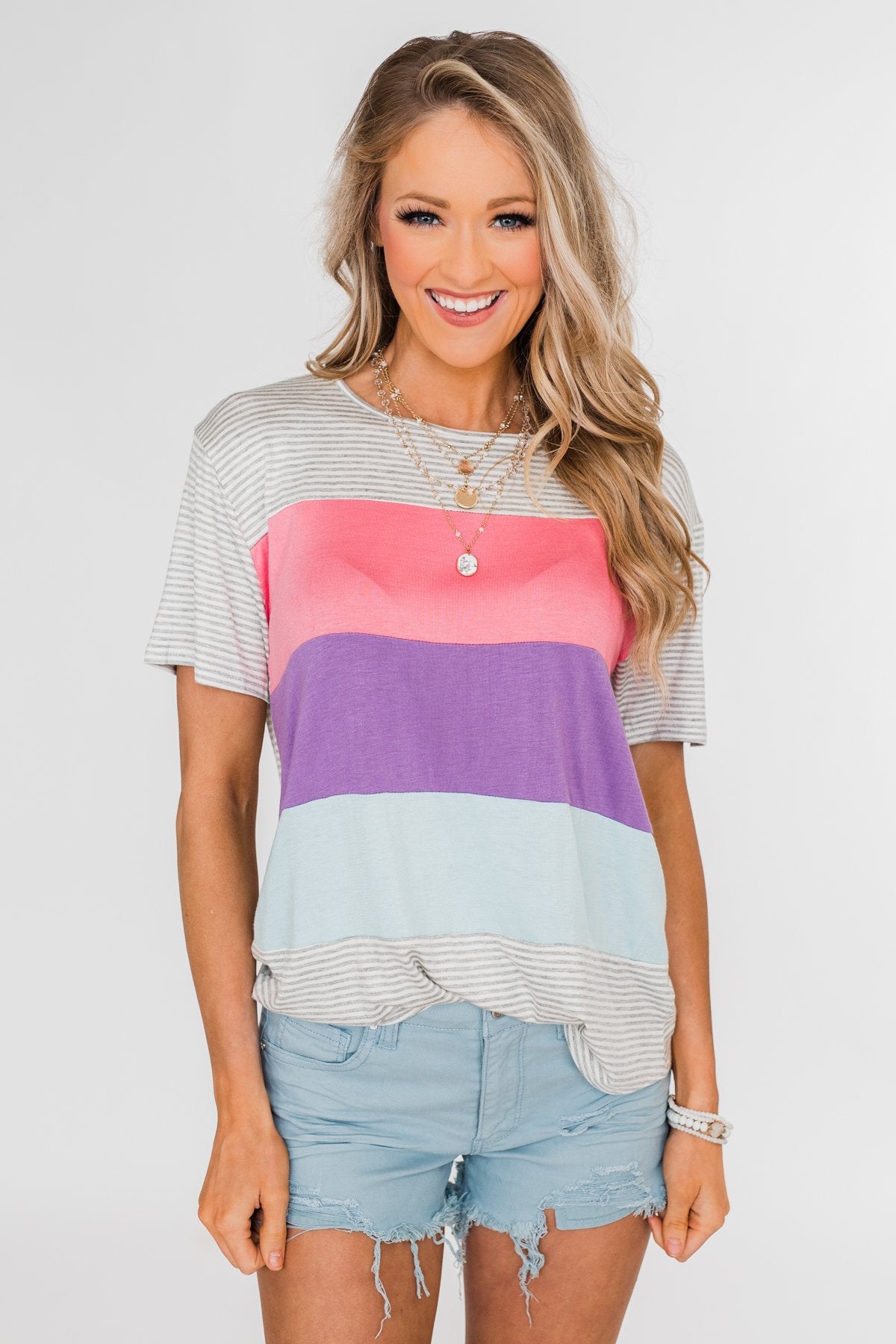One Day At A Time Striped Color Block Top- Pink, Purple, Blue