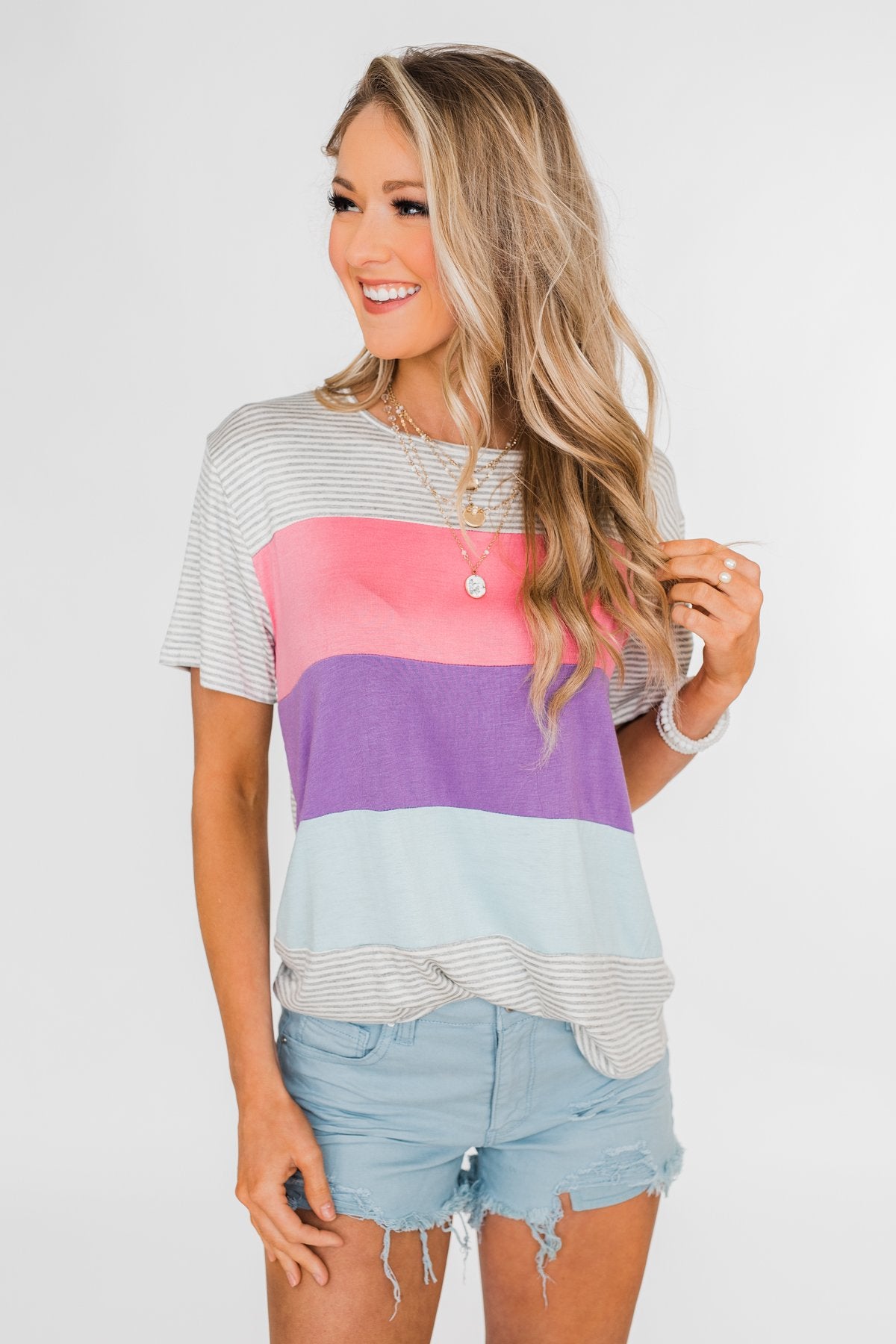 One Day At A Time Striped Color Block Top- Pink, Purple, Blue