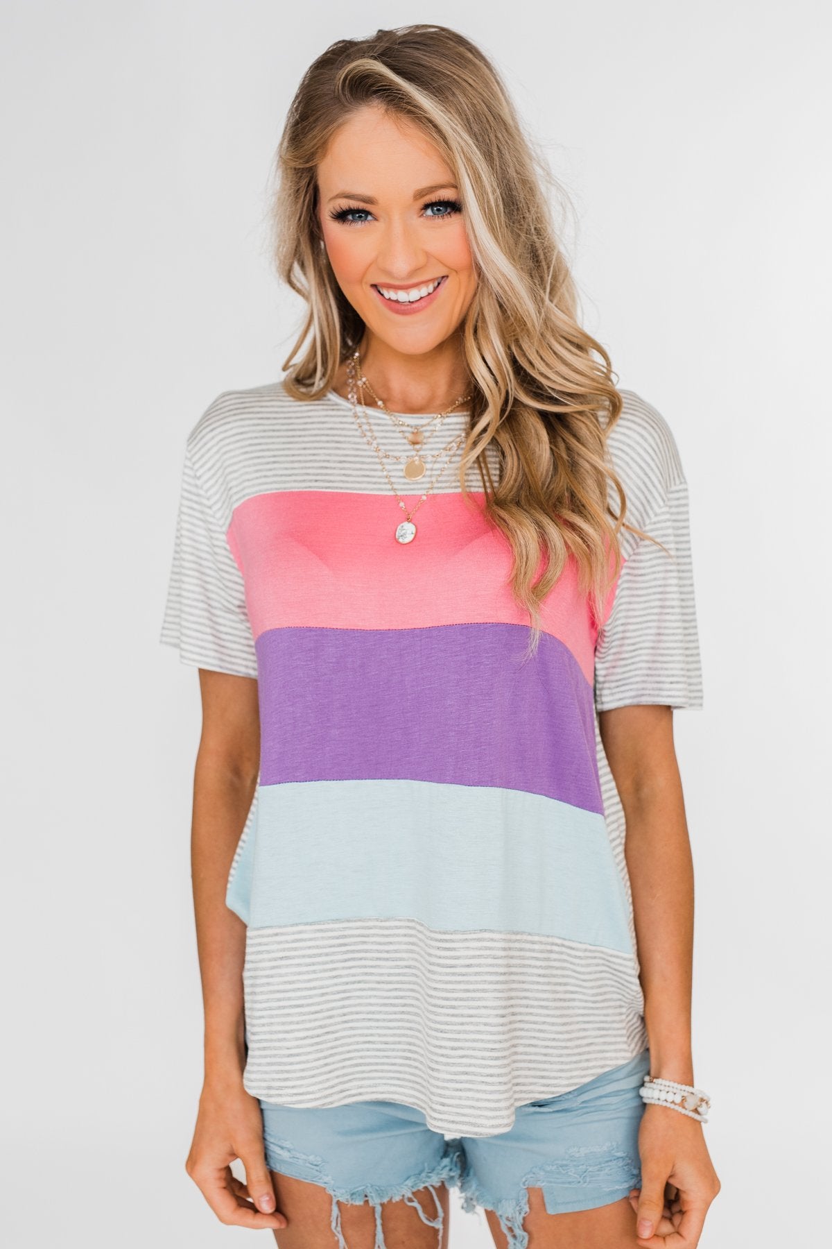 One Day At A Time Striped Color Block Top- Pink, Purple, Blue