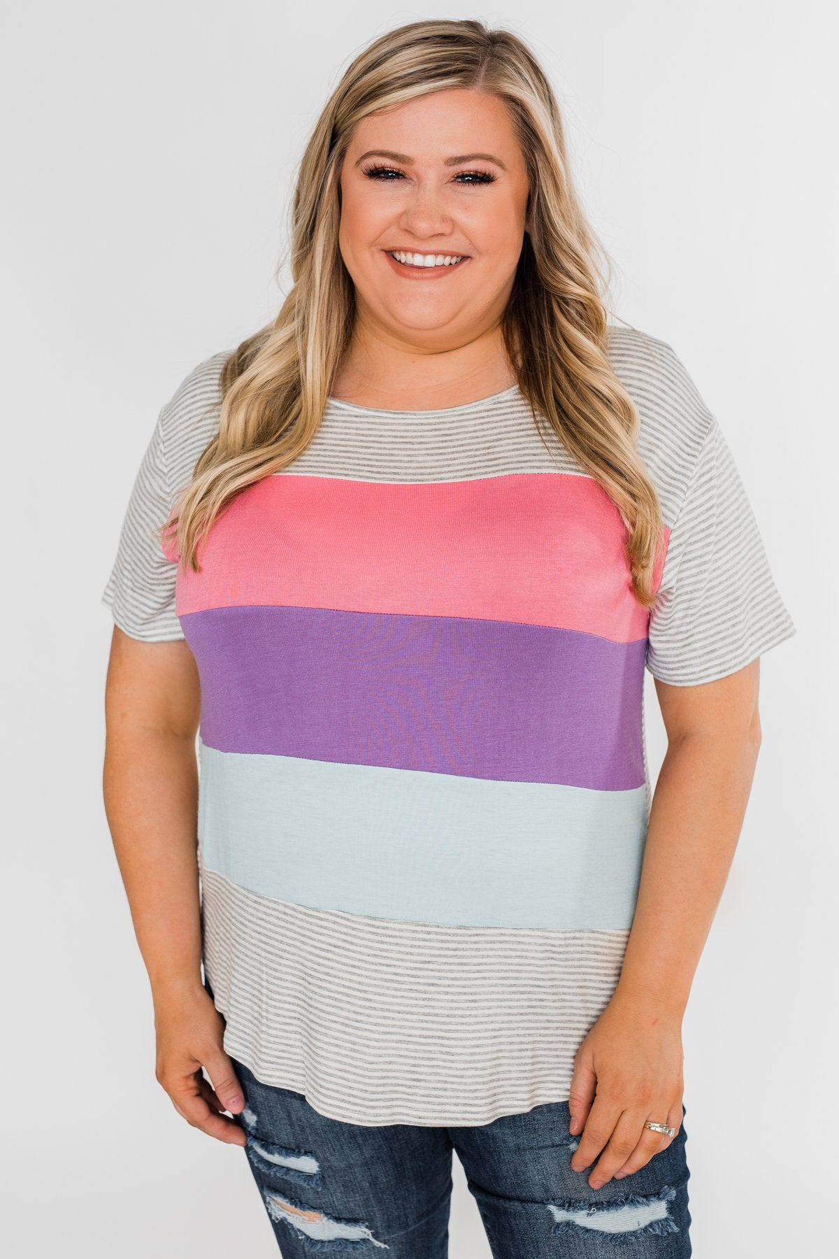 One Day At A Time Striped Color Block Top- Pink, Purple, Blue