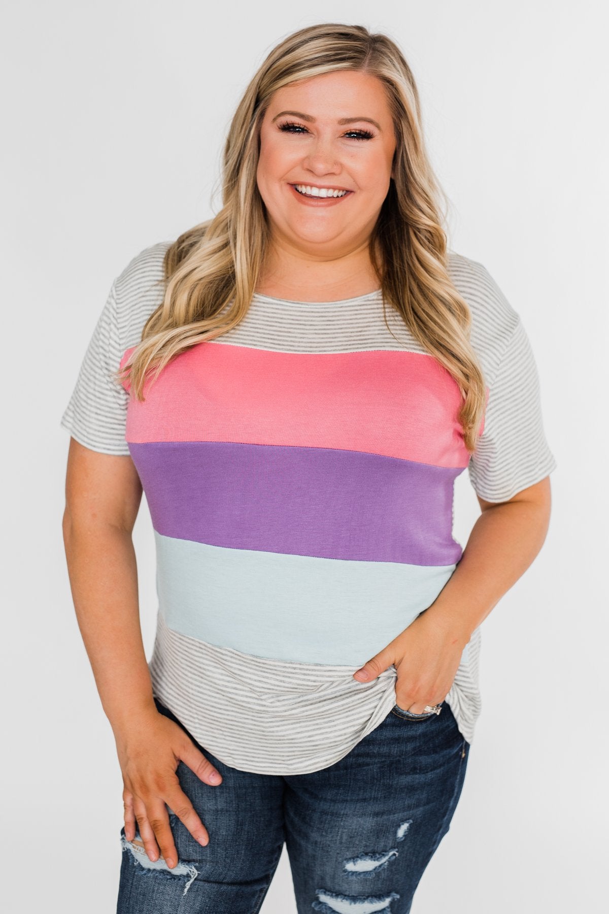 One Day At A Time Striped Color Block Top- Pink, Purple, Blue