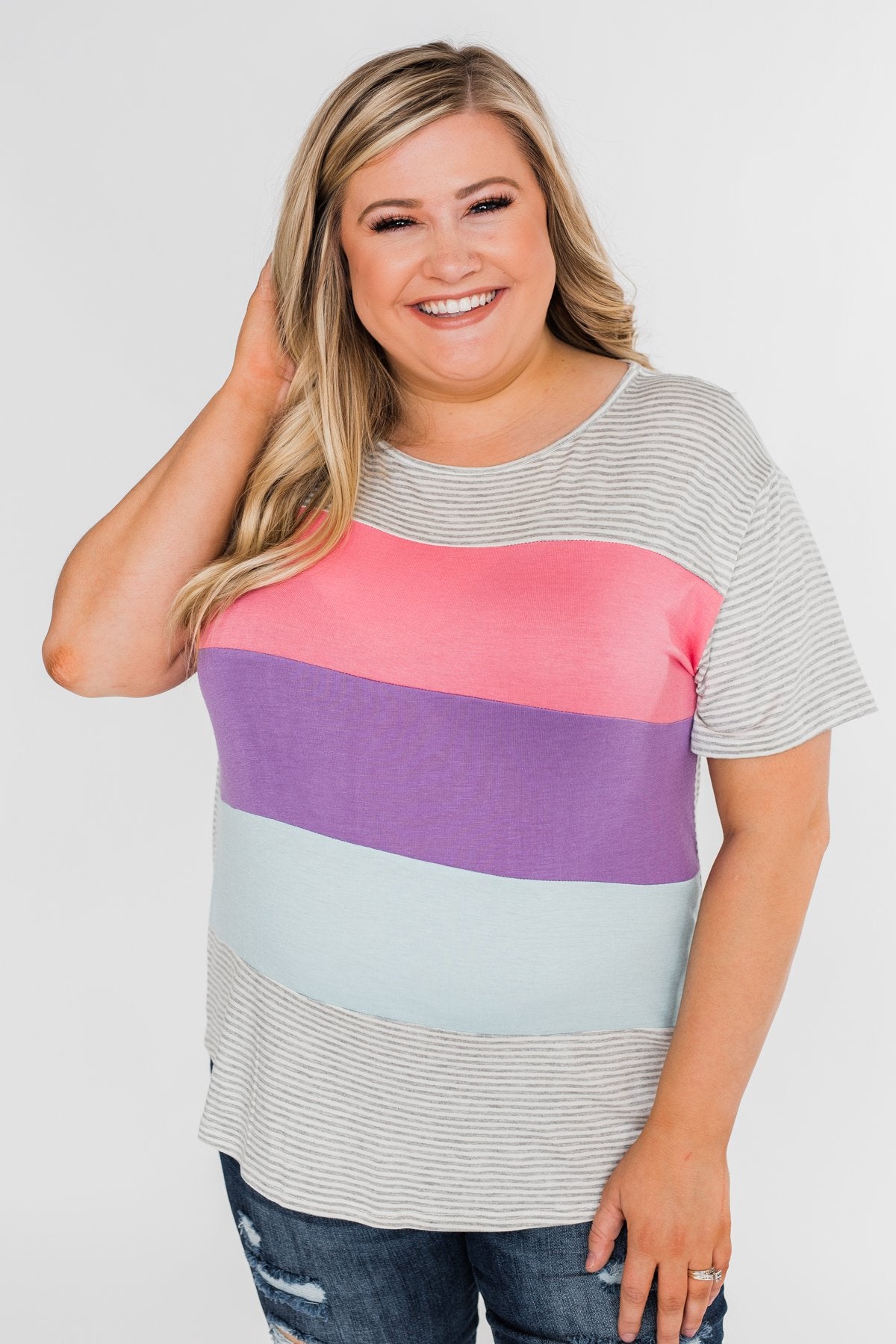 One Day At A Time Striped Color Block Top- Pink, Purple, Blue