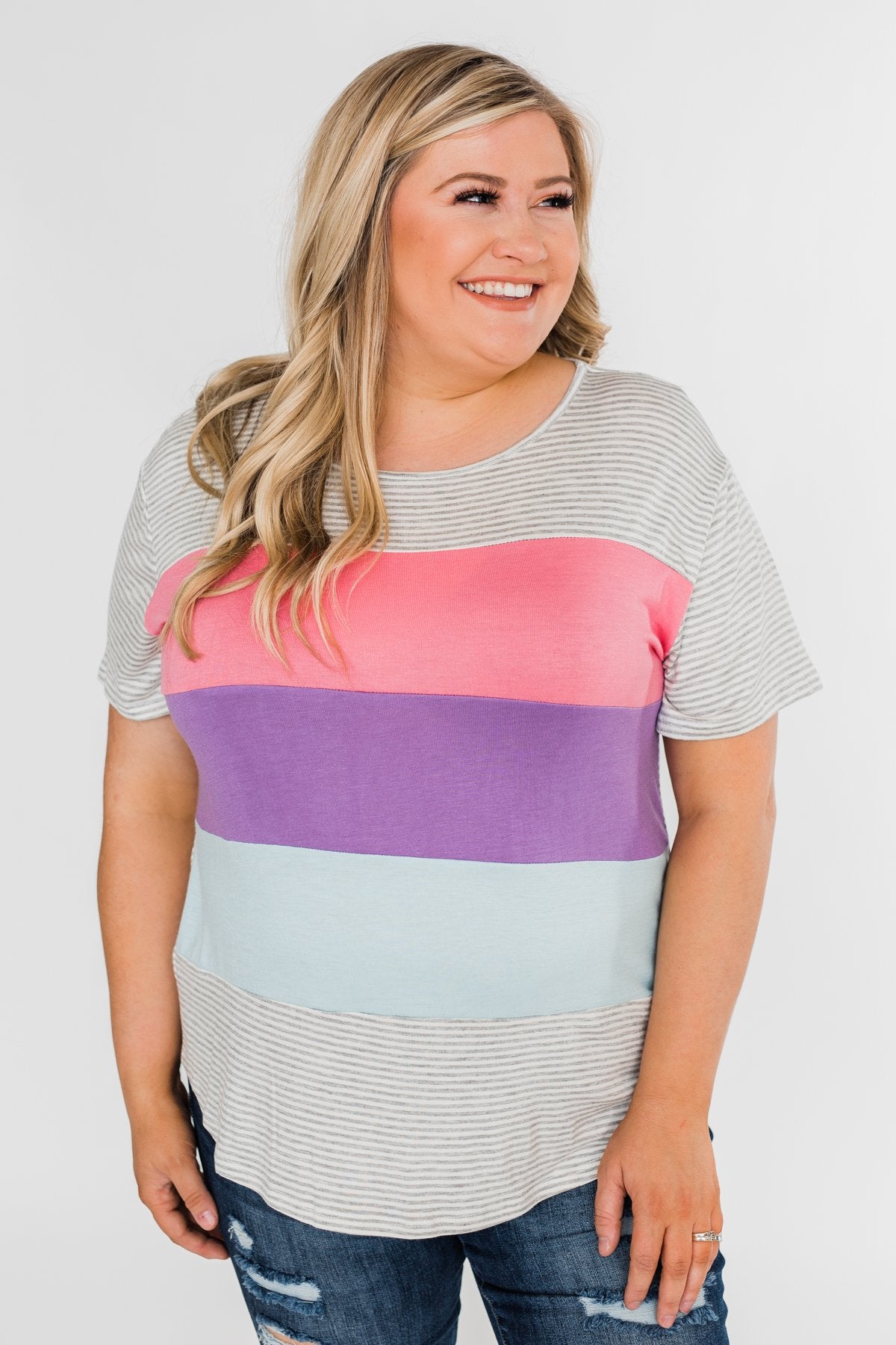 One Day At A Time Striped Color Block Top- Pink, Purple, Blue