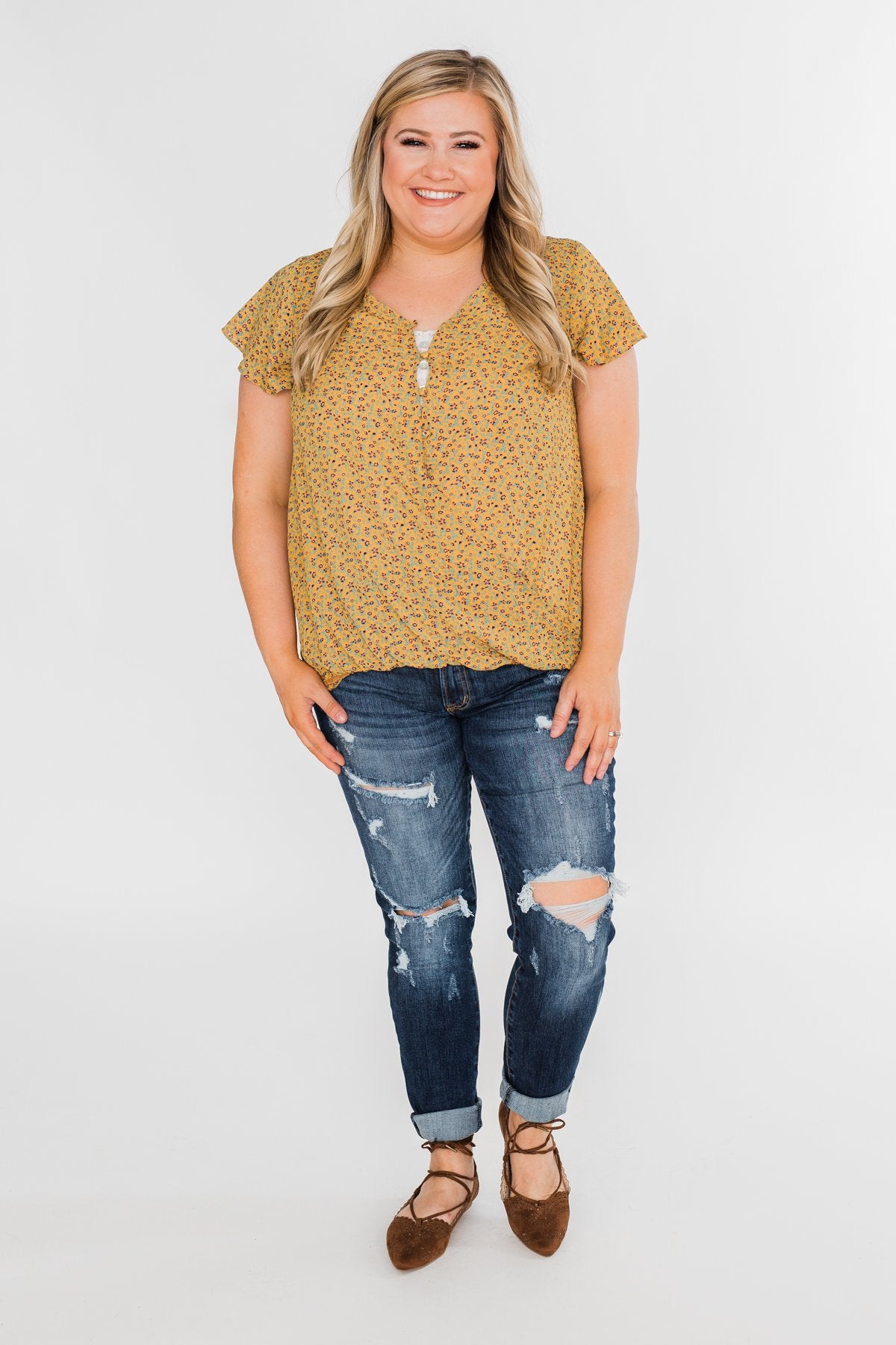 Moving On Floral Botton and Wrap Top- Mustard