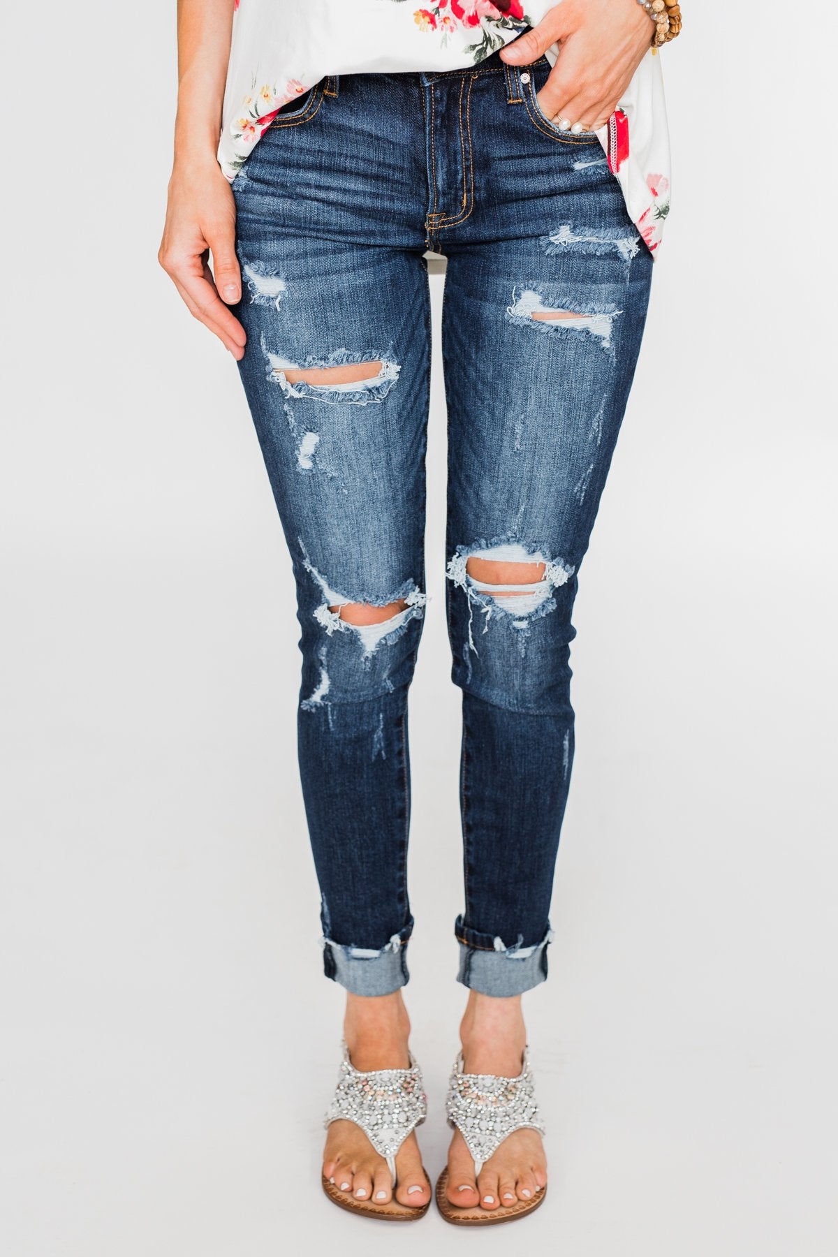 C'est Toi Distressed Ankle Cuff Skinnies- Jaci Wash