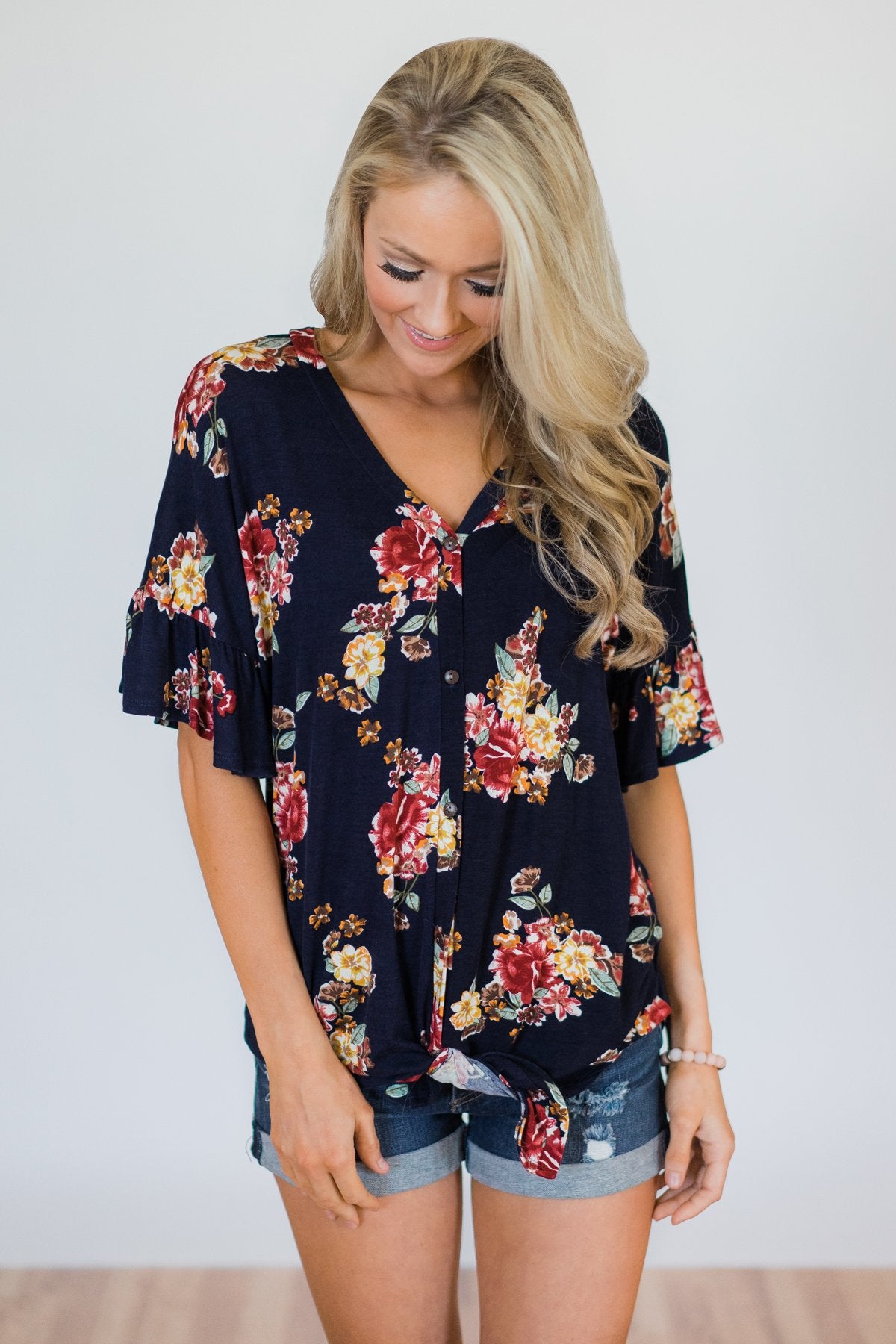 What it Takes Floral Button Top- Navy