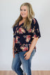 What it Takes Floral Button Top- Navy