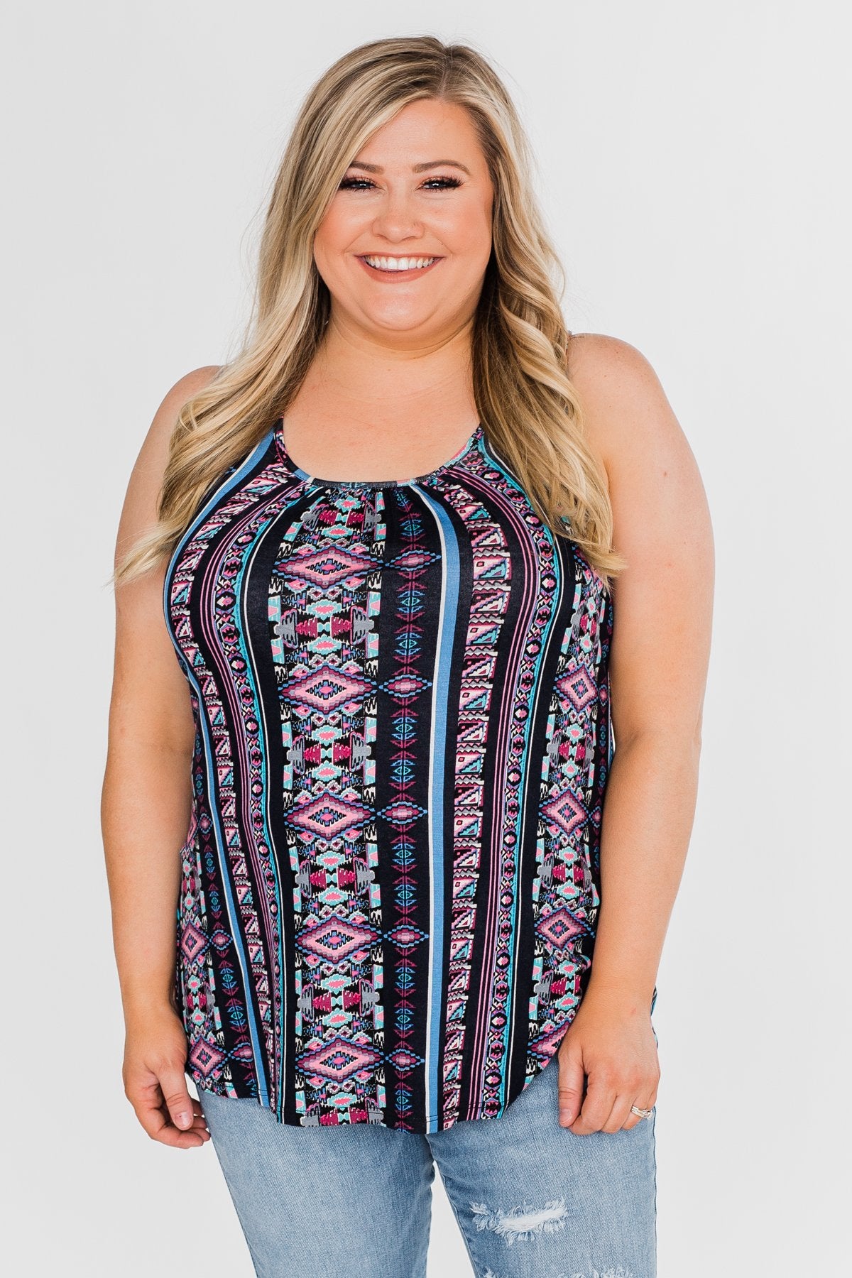 How About Now Printed Zipper Tank Top- Blue Tones