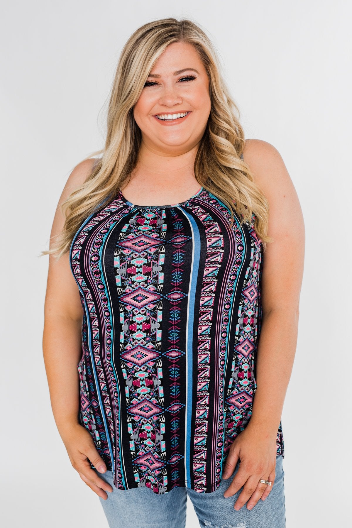 How About Now Printed Zipper Tank Top- Blue Tones