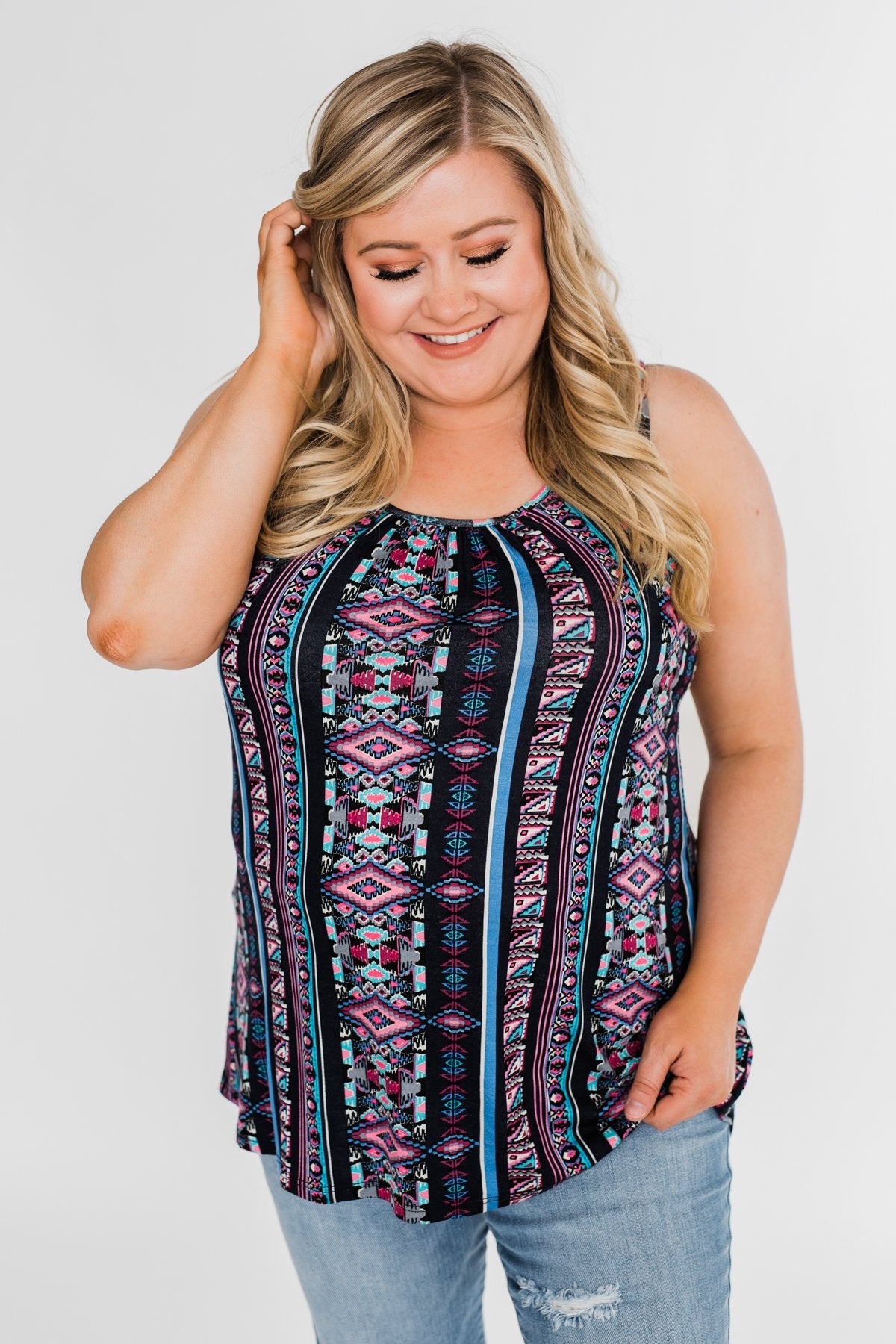 How About Now Printed Zipper Tank Top- Blue Tones