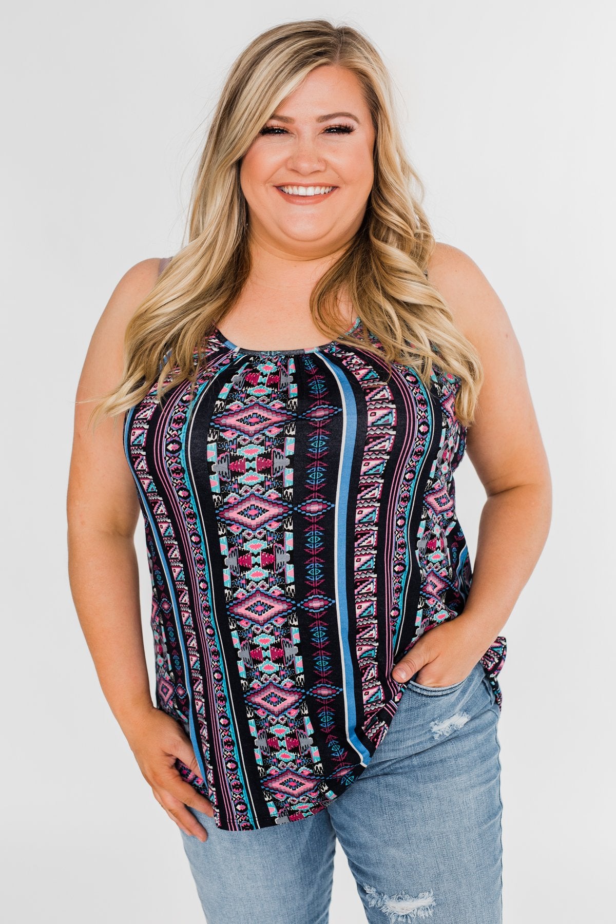 How About Now Printed Zipper Tank Top- Blue Tones