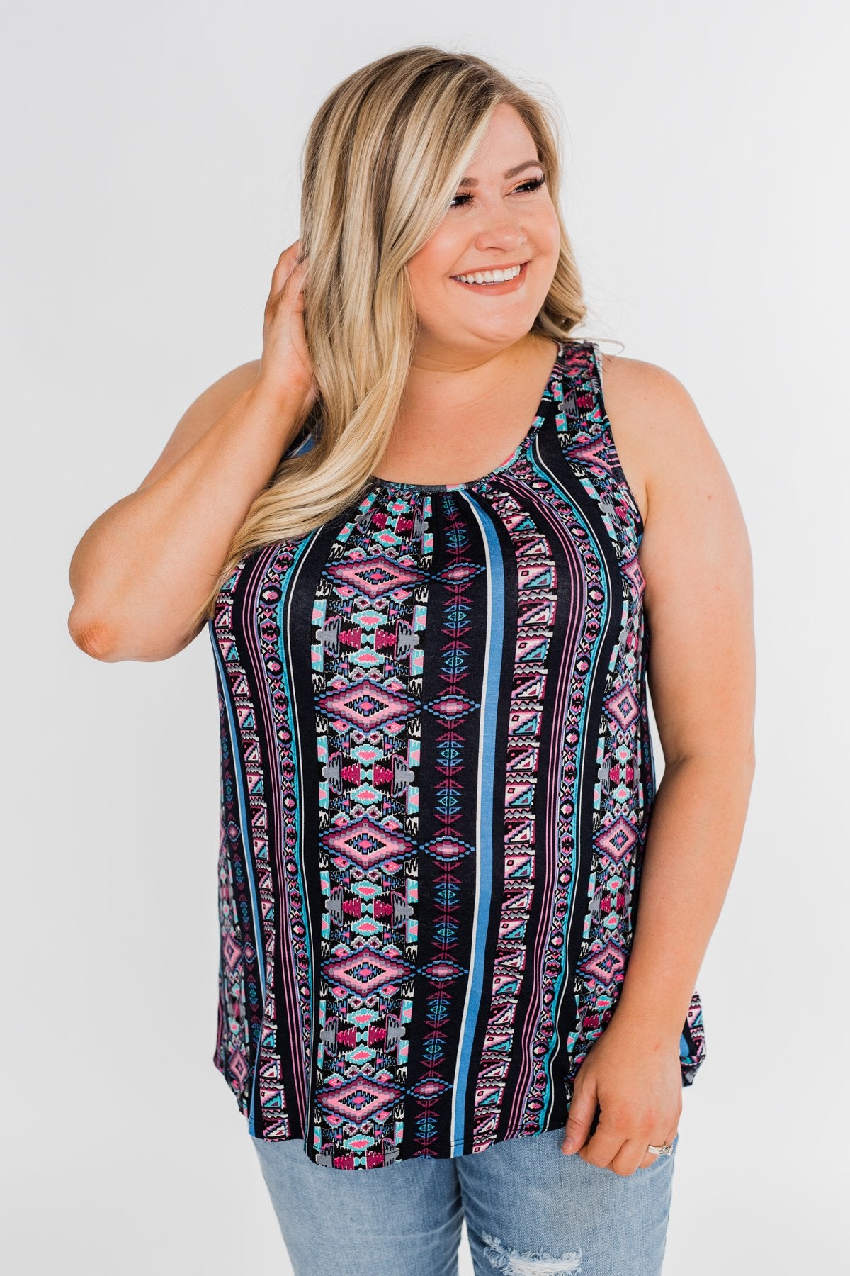 How About Now Printed Zipper Tank Top- Blue Tones