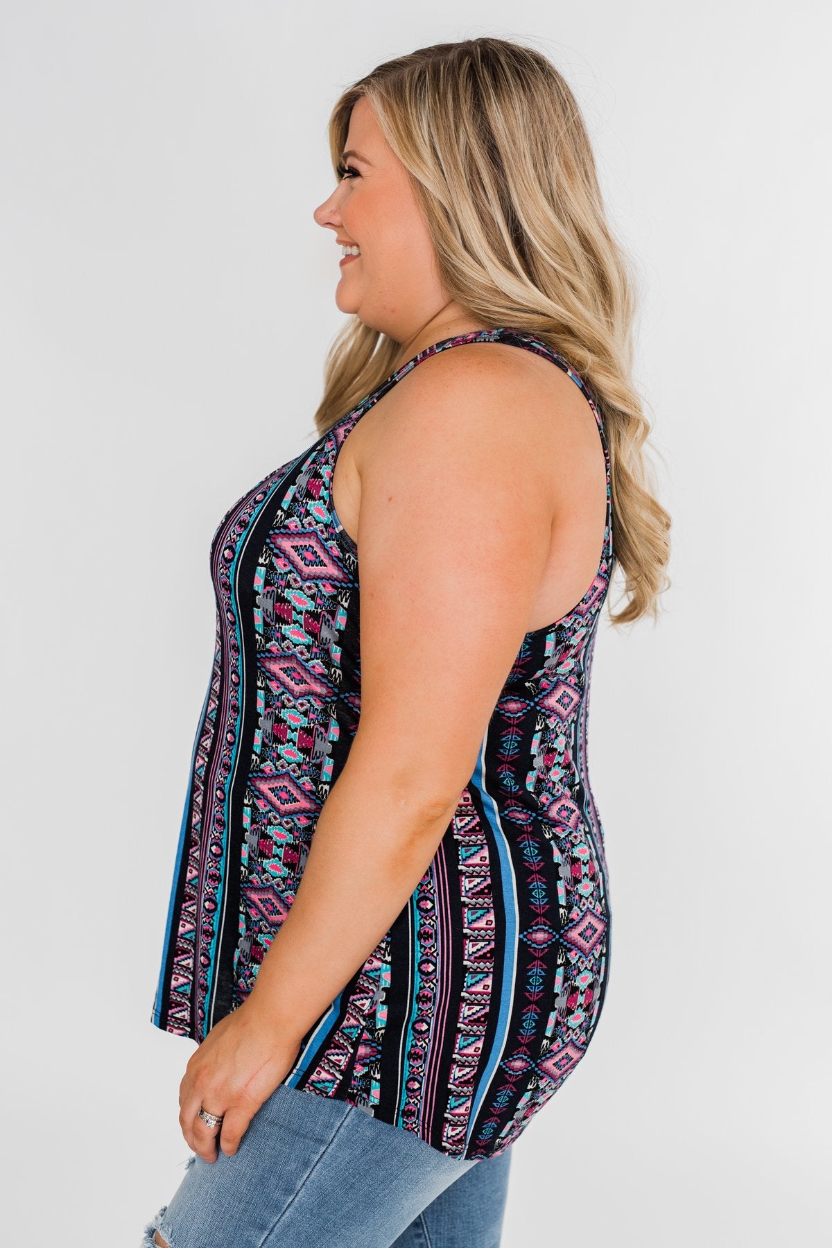 How About Now Printed Zipper Tank Top- Blue Tones