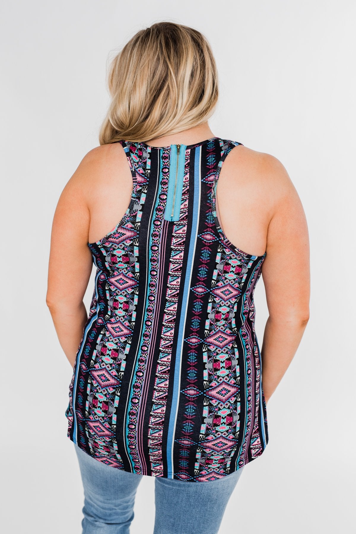 How About Now Printed Zipper Tank Top- Blue Tones