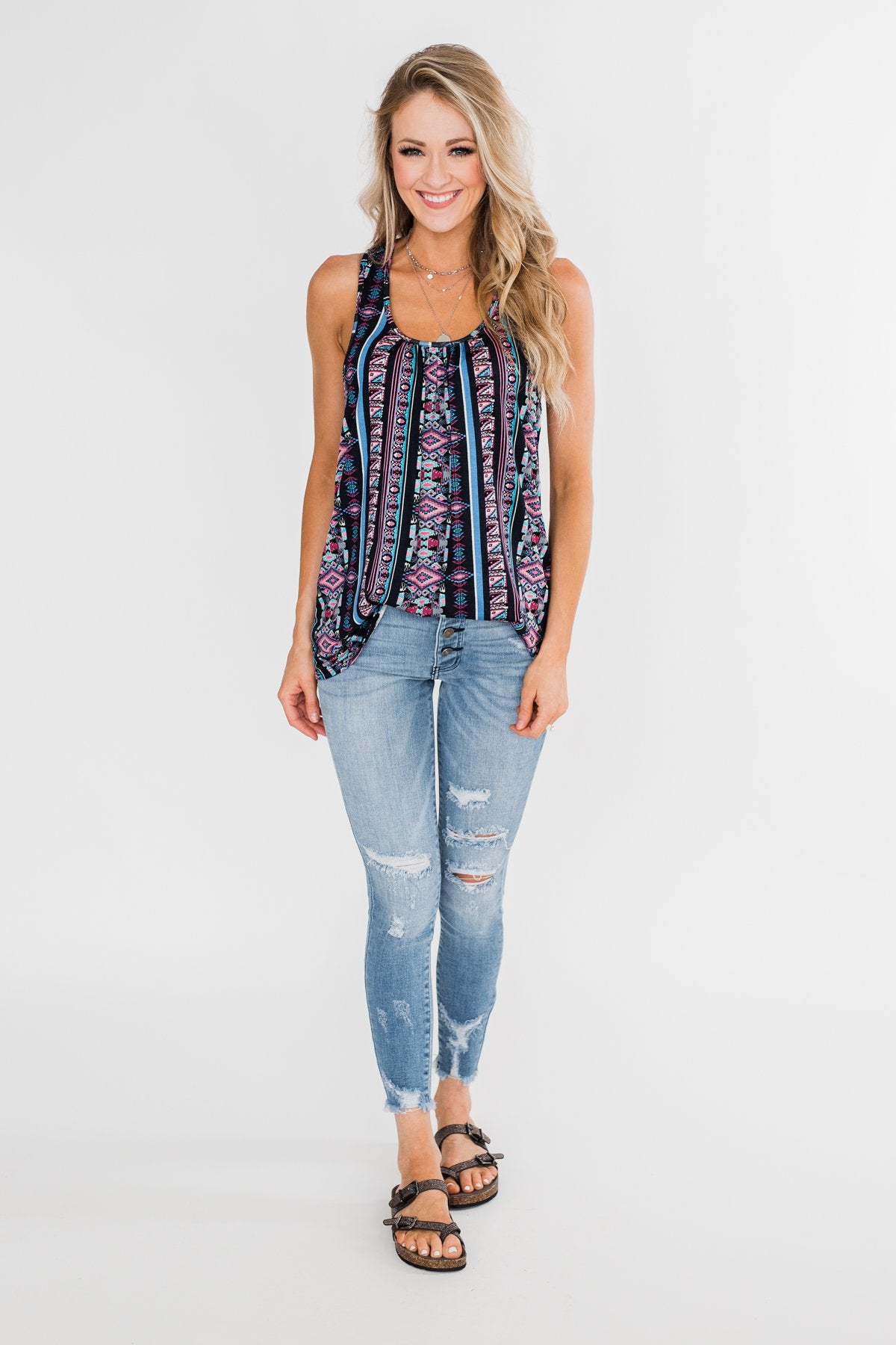 How About Now Printed Zipper Tank Top- Blue Tones