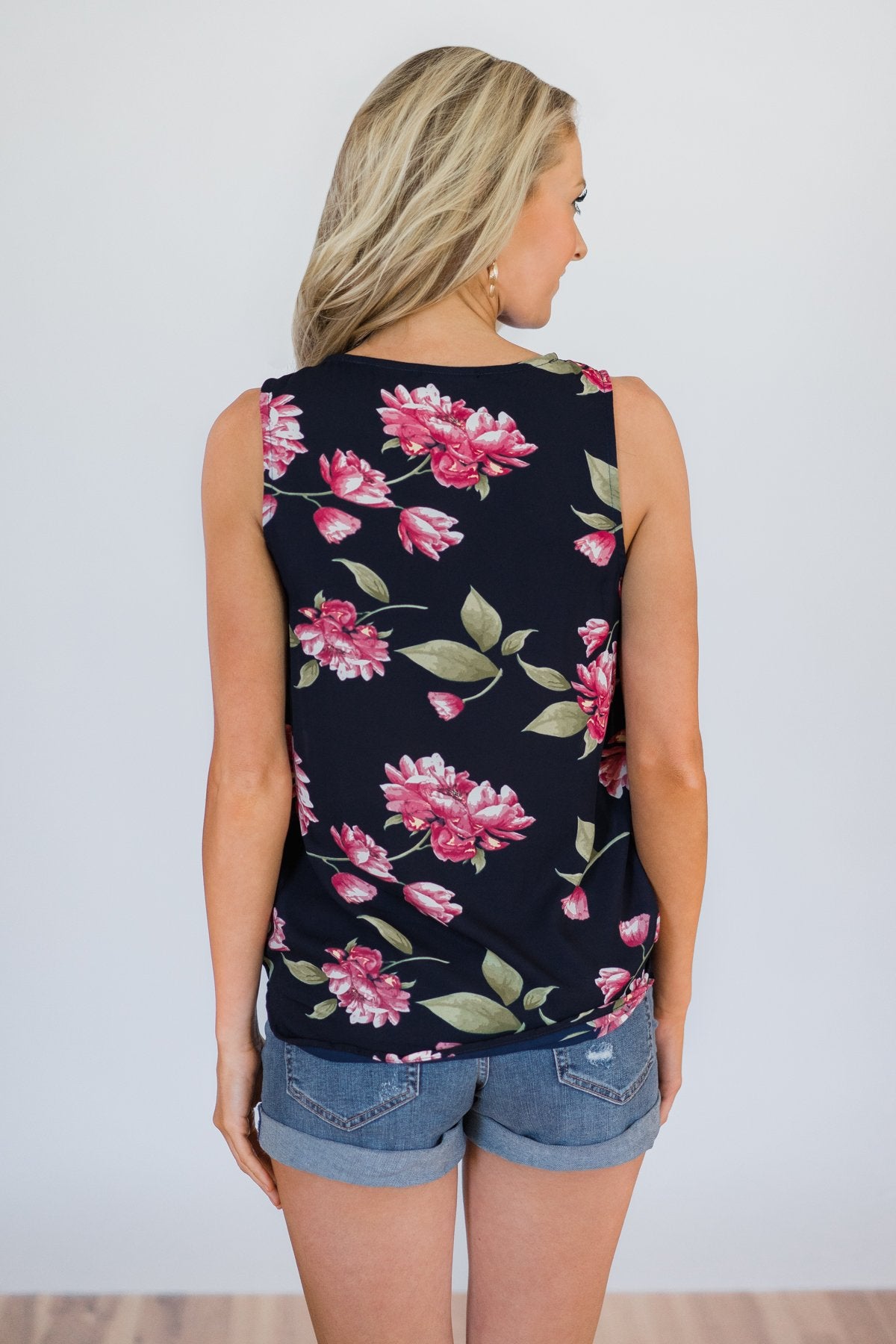 Knowing Me Floral Criss Cross Tank Top- Navy