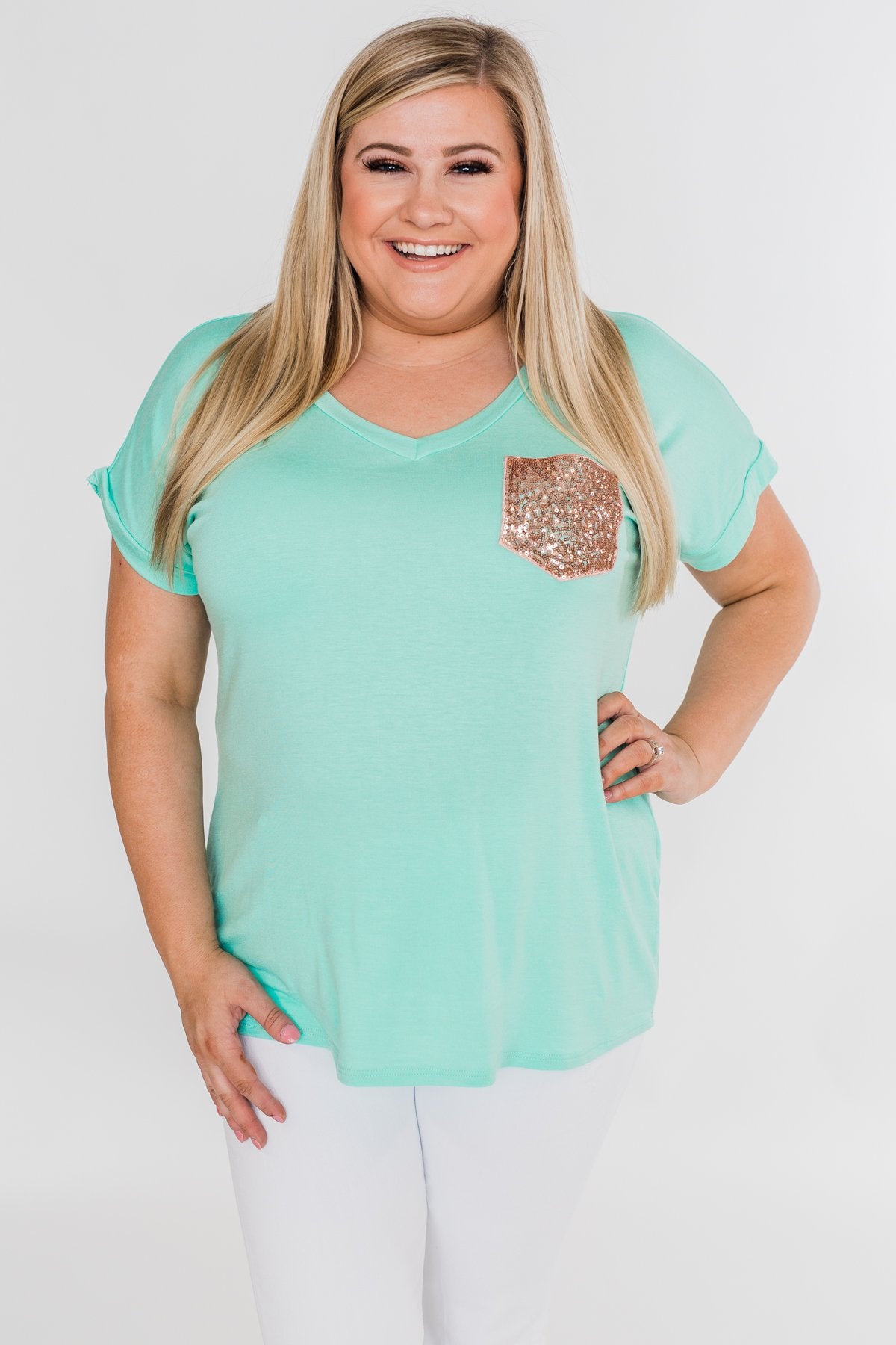 Attracted To You Sequin Pocket Top- Aqua