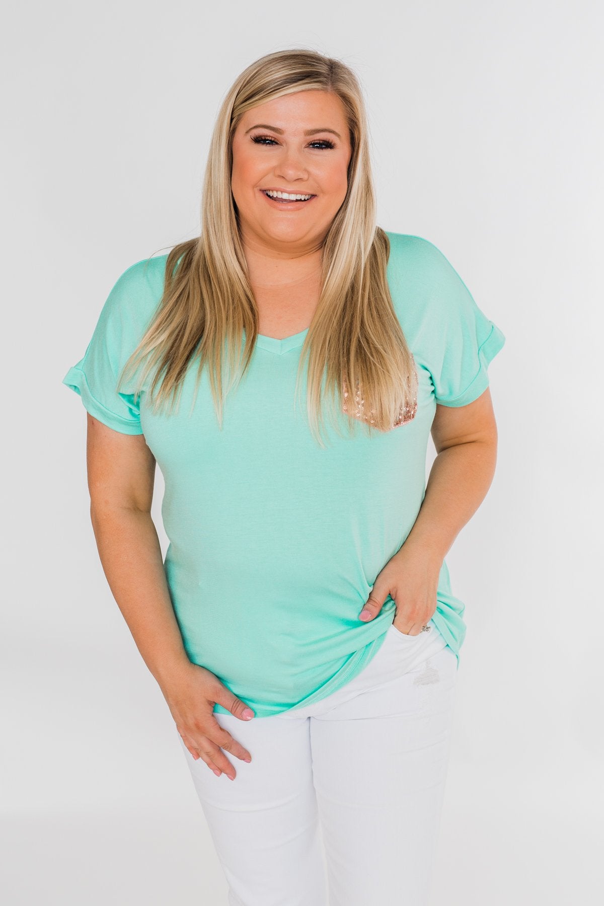 Attracted To You Sequin Pocket Top- Aqua